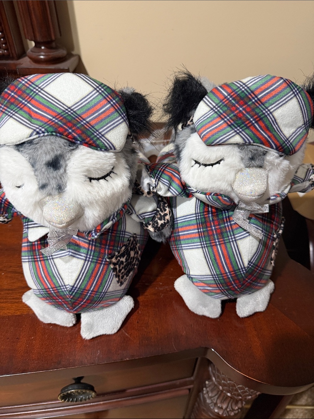 Plaid Plush Owl Pair Decorative Accents - White, Red, Green